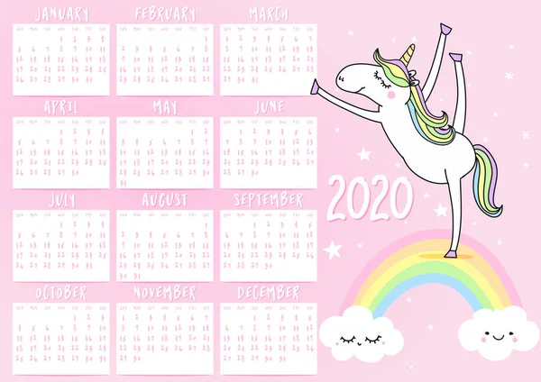 Unicorn Calendar 2020 Year Cute Girly Design Printable Planner Months — Stock Vector