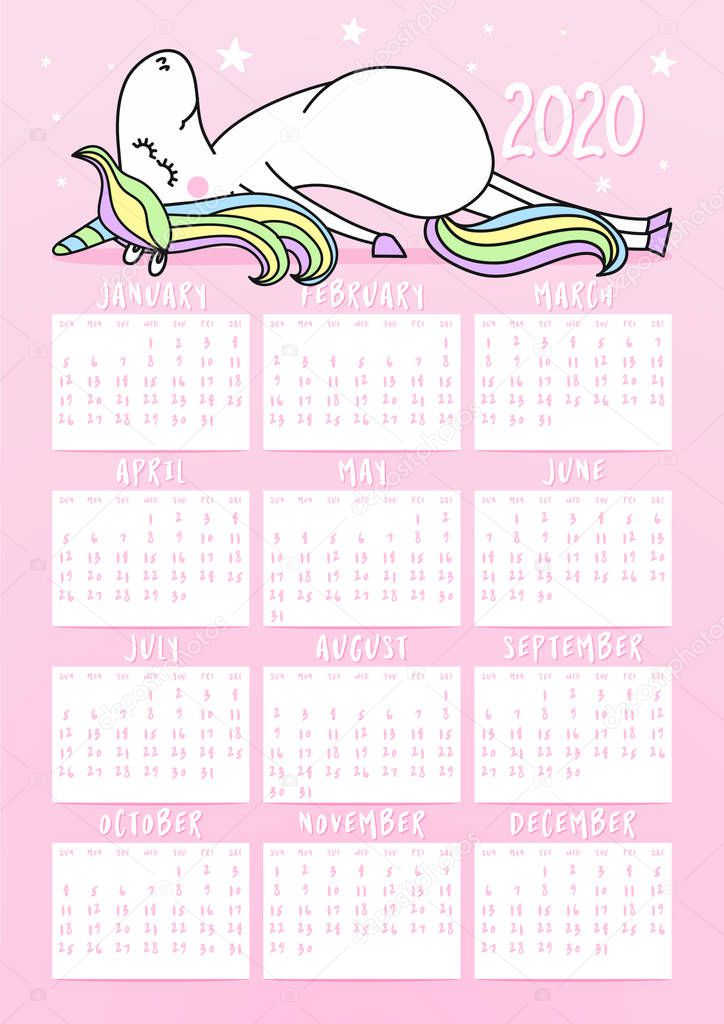 Unicorn Calendar 2020 Year Cute Girly Design Printable ...