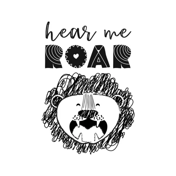 Hear Roar Funny Vector Character Drawing Lettering Poster Shirt Textile — Stock Vector