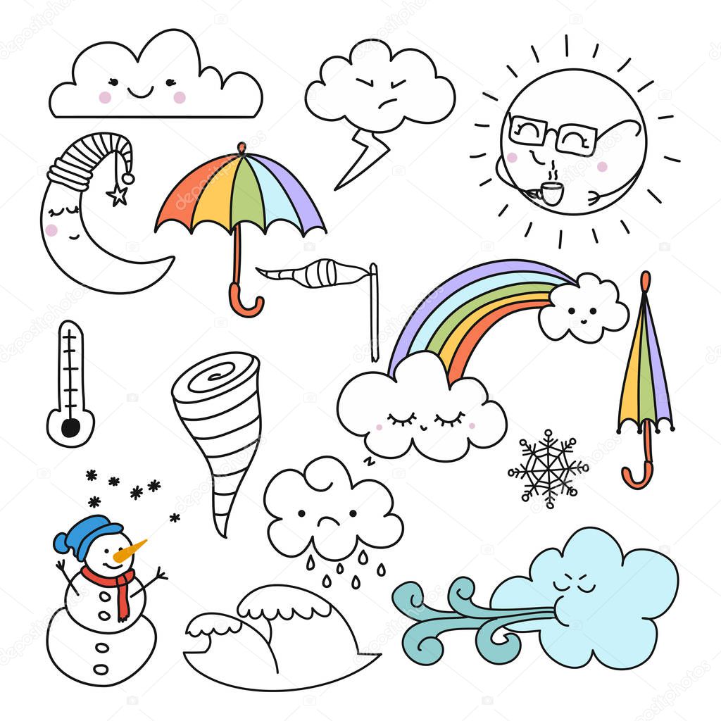 Doodle illustration of weather icons - cute decoration. Little rainbow and clouds, cute characters set, posters for nursery room, greeting cards, kids and baby clothes. Isolated vector.