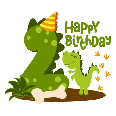 Happy 2st Birthday - Sevimli dinozor alfabesi doodle. Çocuklar için el çizilmiş vektör karikatür seti. Tekstil, giysi, bday hediyeler için iyi.