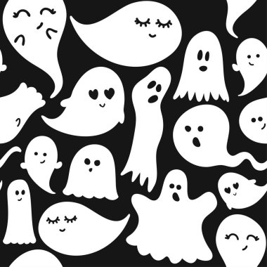 Sevimli hayaletler Halloween sorunsuz desen, doodle tasarım seti. Retro rozetleri. Karakterlerle elle çizilmiş izole amblem. Cadılar Bayramı parti işareti veya logosu. Posterler, tebrik kartları, afişler, tekstil için iyi.