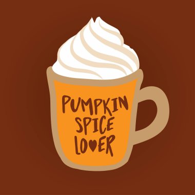 Kabak spice latte. El vektör çizim çekilmiş. Sonbahar renk poster. Hurda rezervasyon, posterler, tebrik kartları, afiş, tekstil, hediyeler, gömlek, kupalar veya diğer hediyeler için iyi.