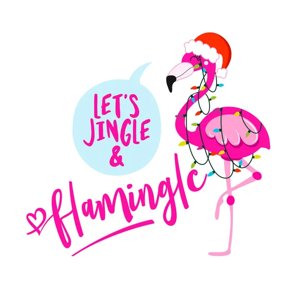 Let Jingle Flamingle Calligraphie Phrase Pour Noël Avec Jolie Fille — Image vectorielle
