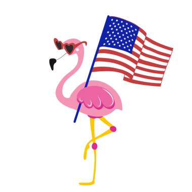 Flamingo ABD bayrağını sallıyor - 4 Temmuz Bağımsızlık Günü 'nüz kutlu olsun tasarım illüstrasyonu. Reklam, poster, duyuru, davetiye, parti, tebrik kartı, afiş, hediye, baskı için iyi.