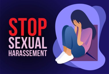 Stop Sexual harassment - Sad crying beautiful girl in flat design. Violence against women, Workplace bullying concept poster. Domestic abuse. Women violence concept. Social issues, aggression on women clipart
