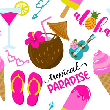 Şirin tropikal kuyruk kuyrukları ve dondurma desenli arka plan. Dikensiz çizen komik vektör. Poster ya da tişört tekstil grafik tasarımı. - Güzel illüstrasyon. Duvar kağıdı, ambalaj kağıdı.