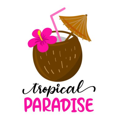 Tropik cennet, arka planda Hawaii çiçeğiyle hindistan cevizi kokteyli ve güzel bir alıntı. Kadın elinde güzel bir el çizimi dondurma. Reklam için eğlenceli karalamalar, tişörtler..