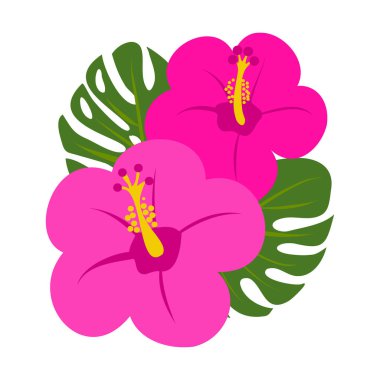 Hawaii çiçeği amber çiçeği kompozisyonu. Arka planda palmiye yaprakları ve güzel bir alıntı. Güzel el çizimi. Reklam için eğlenceli karalamalar, tişörtler..