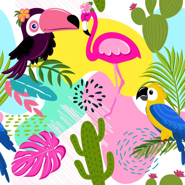 Toucan Flamingo Parrot Cute Tropical Leaves Plants Pattern Background Funny — Stock Vector