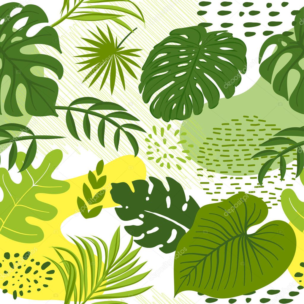 Cute tropical leaves and plants pattern background - funny vector drawing seamless pattern. Lettering poster or t-shirt textile graphic design. / Cute illustration. wallpaper, wrapping paper.