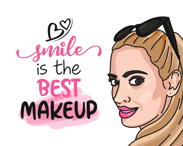 Uśmiech Najlepszy Makijaż Motywacyjne Cytaty Ręcznie Malowana Szczotka Blondynką Ilustracja — Wektor stockowy