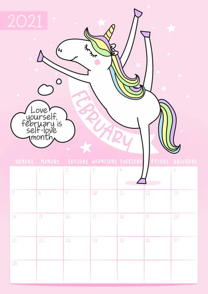 Calendrier Février 2021 Avec Calligraphie Gribouillage Licorne Aimez Vous Février — Image vectorielle