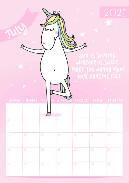 2021 July Calendar Calligraphy Phrase Unicorn Doodle Sun Shining Weather — Stock Vector
