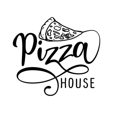 Pizza evi logosu - barlar, restoranlar, pizzacılar, broşürler, menü kartları, davetiyeler, çıkartmalar, afişler için tasarım. El boyalı fırça kalemi beyaz arkaplanda izole edilmiş modern kaligrafi.