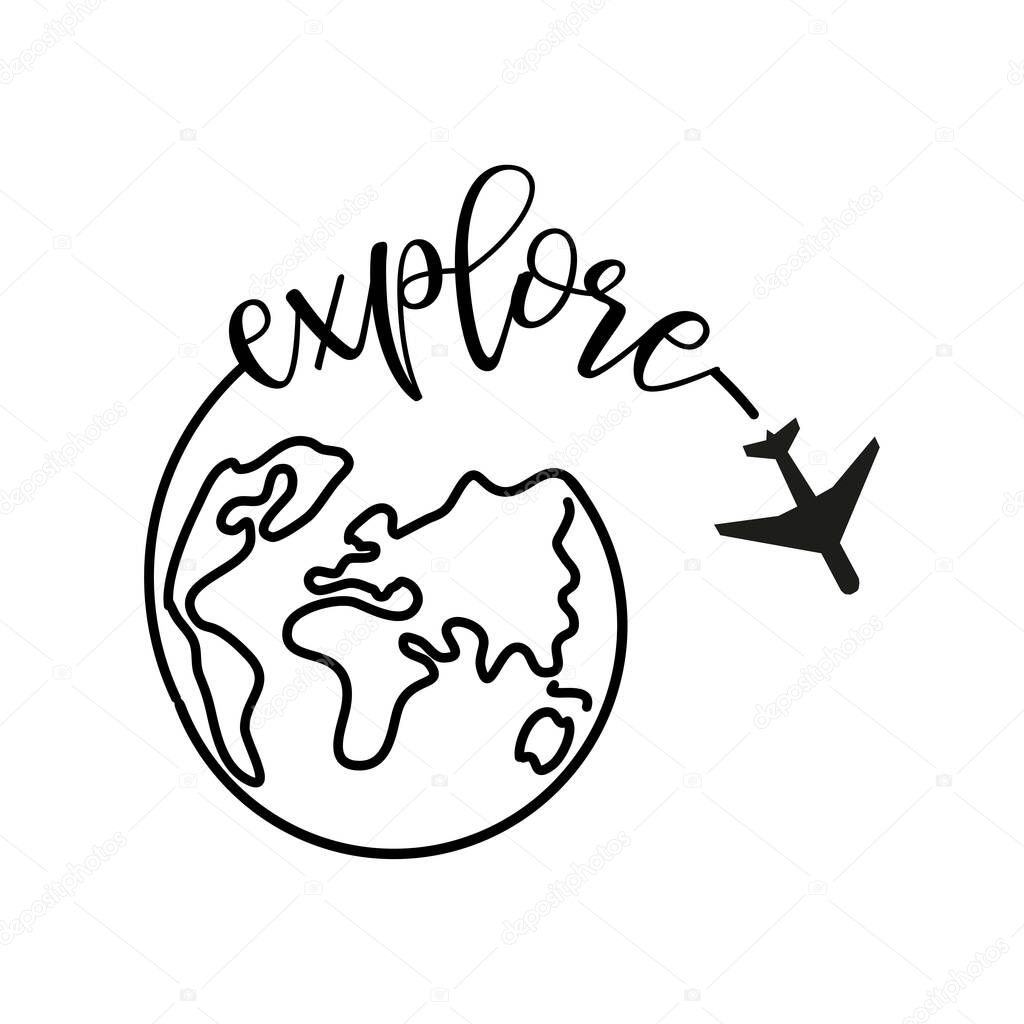 Explore - around the World. Airplane fly around the planet Earth. Logo. Black line Globe with flying plane icon isolated on white background. Airplane fly around the planet earth.
