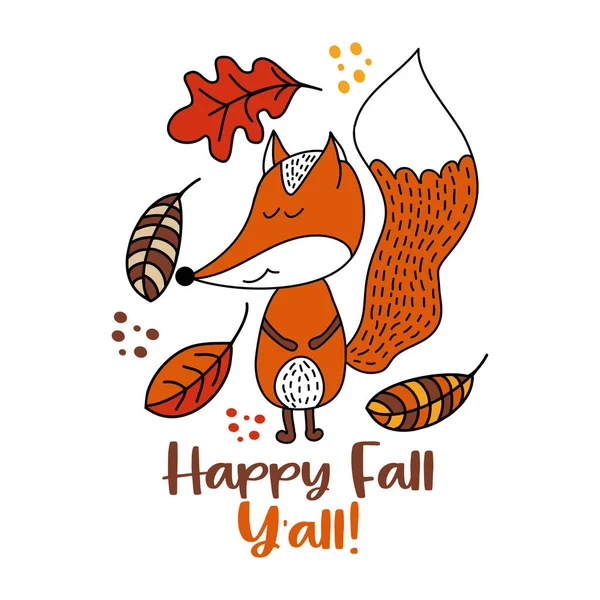 Happy Fall All 손으로 귀여운 여우와 낙엽으로 일러스트 포스터 포스터 — 스톡 벡터