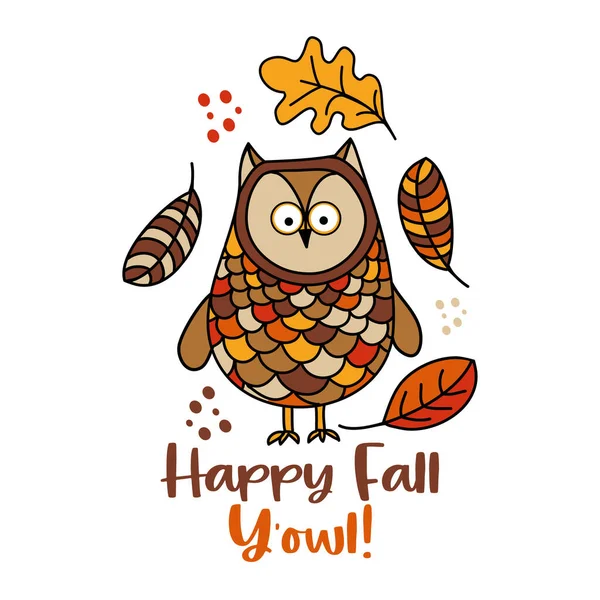 Happy Fall All 손으로 일러스트는 귀여운 올빼미와 떨어지는 나뭇잎이다 포스터 — 스톡 벡터