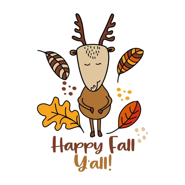 Happy Fall All Ilustração Vetorial Desenhada Mão Com Cervos Bonitos — Vetor de Stock