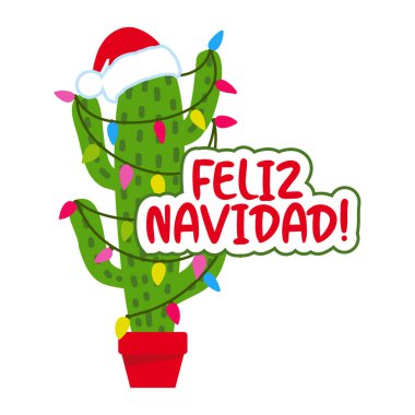 Feliz Navidad. Kaktüs desenli şirin bir el yazısı ve ilham verici komik bir alıntı. Meksika Xmas bitkisi. Yeşil kaktüslü hoş bir söz. Çocuk kıyafetleri için Doodle tarzı Noel posteri.