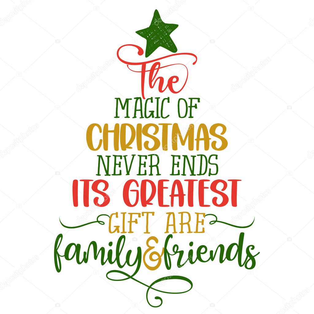 the magic of Christmas never ends and its greatest gifts are family and friends - Calligraphy phrase in Christmas tree shape. Hand drawn lettering for Xmas greetings cards, invitations.