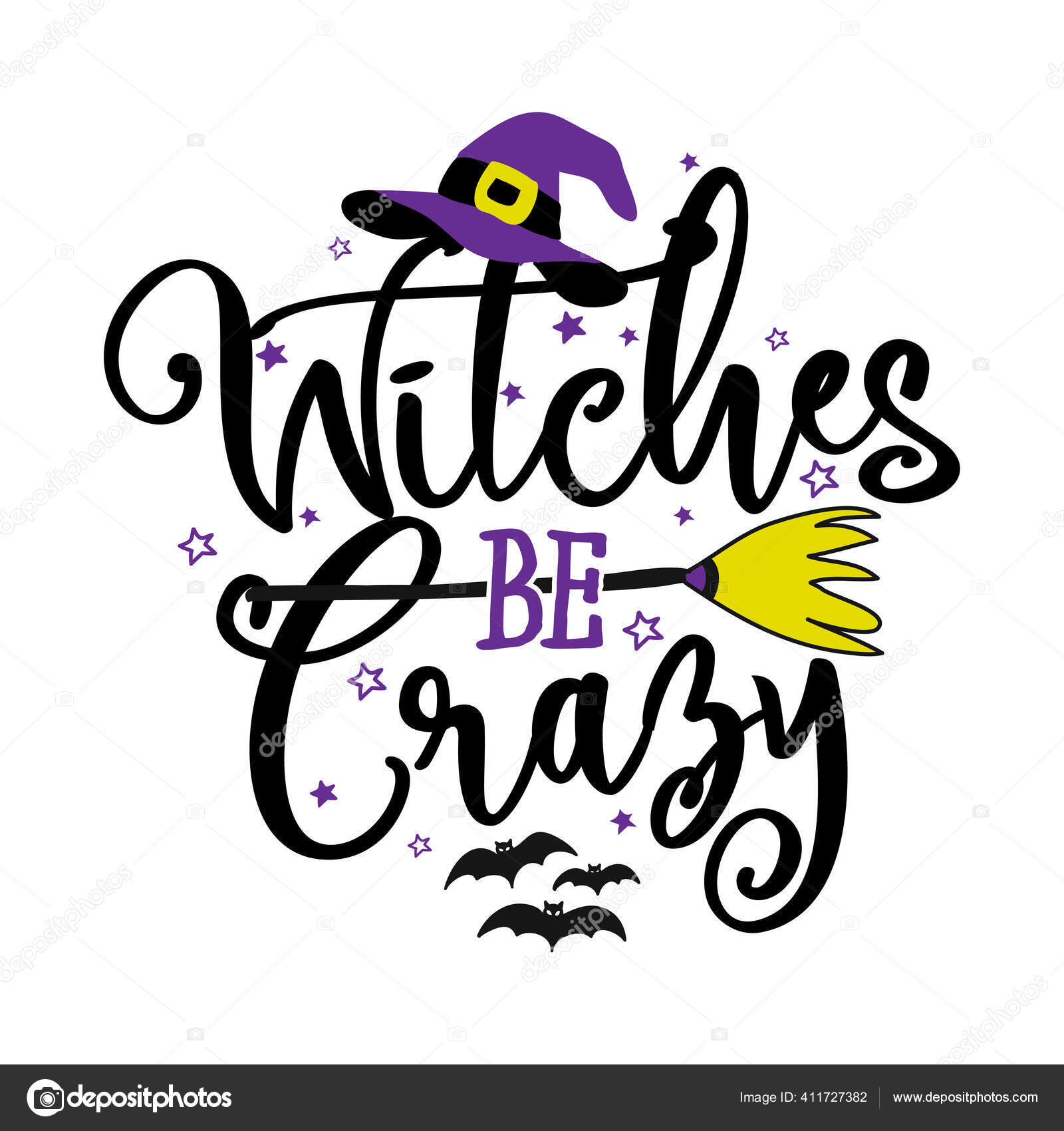 Witches Crazy Halloween Quote White Background Broom Bats Witch Hat