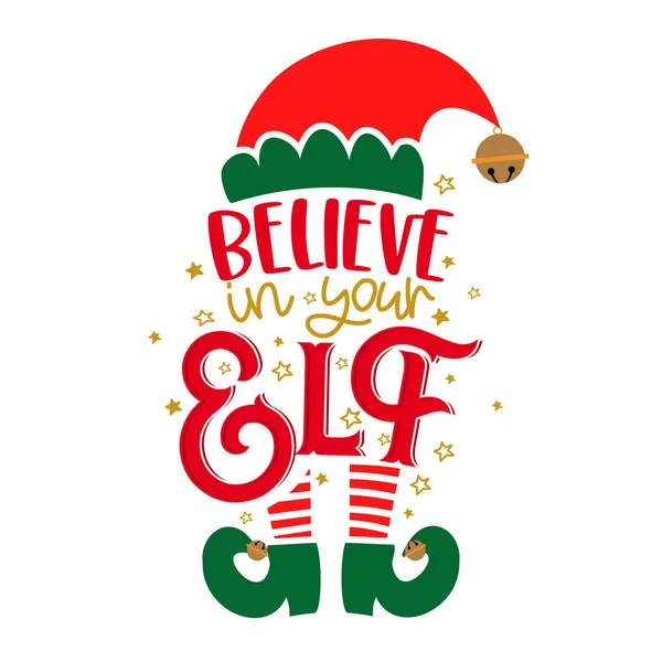 Believe Your Elf Yourself Phrase Christmas Clothes Ugly Sweaters Hand — Stock Vector