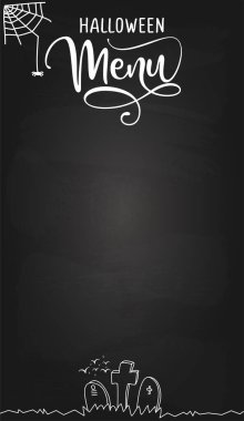 Cadılar Bayramı parti menüsü - barlar, restoranlar, el ilanları, davetiyeler, çıkartmalar, afişler için tasarım. El boyası fırça kalemi modern kaligrafi siyah arkaplan, karatahta izole.