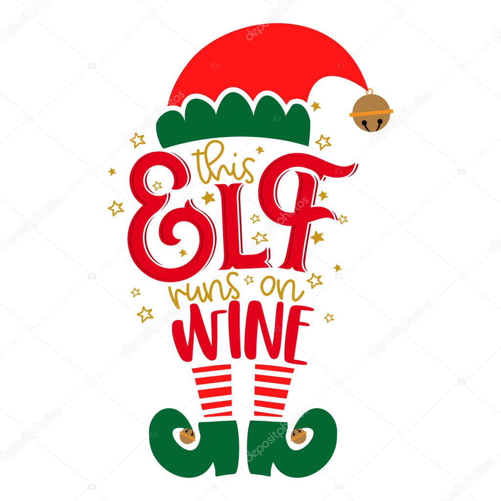 This elf runs on Wine - phrase for Christmas clothes or ugly sweaters. Hand drawn lettering for Xmas greetings cards, invitations. Good for t-shirt, mug, gift tag, printing press. Little Elf.