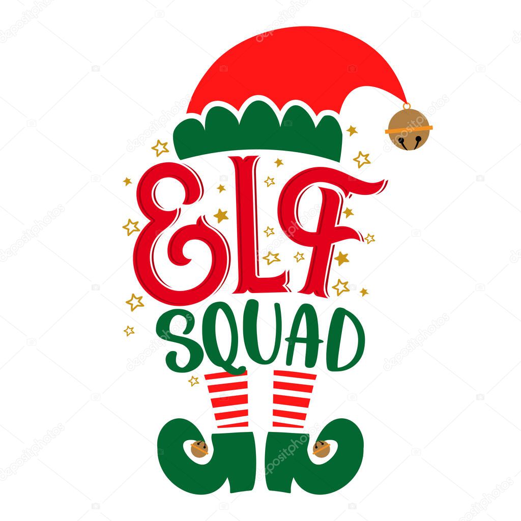 Elf Squad - phrase for Christmas baby / kid clothes or ugly sweaters. Hand drawn lettering for Xmas greetings cards, invitations. Good for t-shirt, mug, gift, printing press. Santa's Little Helper.
