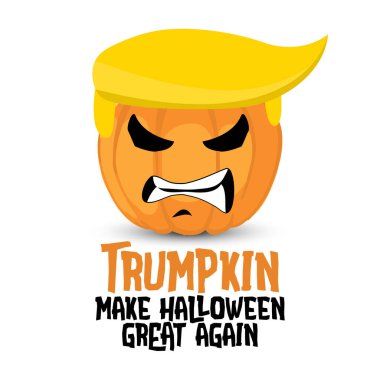 Trump, Cadılar Bayramı 'nı tekrar harika yapıyor. Komik vektör kabak çizimi, Trump saçı ve kızgın yüzüyle. 2020 Cadılar Bayramı ve başkanlık elektriği için el yazısı alıntısı. 