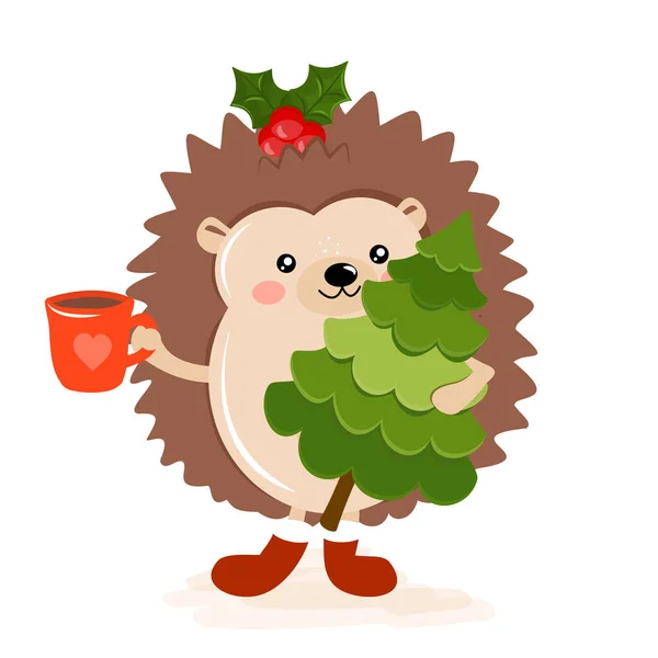 Entzückender Igel Winter Handgezeichnete Vektor Igel Illustration Mit Weihnachtsbaum Und — Stockvektor