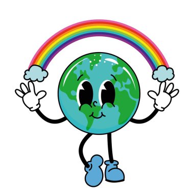 Cute Earth mascot character in groovy style with rainbow.