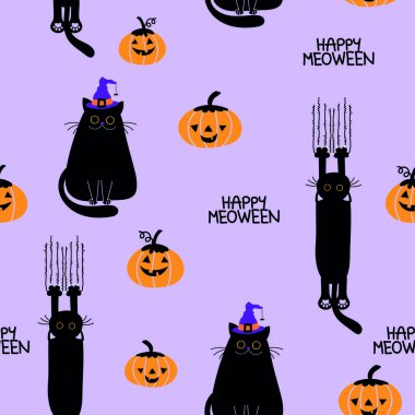 Seamless Halloween pattern with black cats in witch hats, pumpkins, and Happy Meoween text on pastel purple. Cute, funny, spooky repeat for fabric, wrapping, wallpaper, cards, and decor.