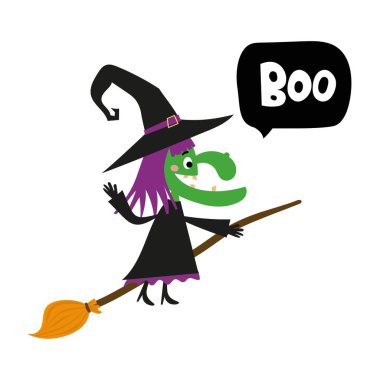 Kid-friendly cartoon vector of a Halloween witch flying on a broom with a 'Boo' speech bubble. Clean, simple, isolated on white; perfect for invitations, stickers, posters, and social posts.