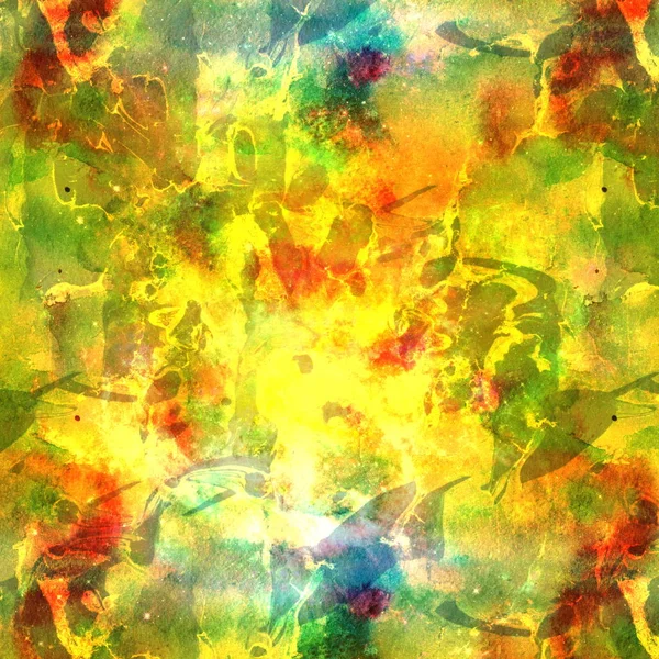 Colorful Watercolor Abstract yellow pink red green background. Multicolor grunge psychedelic yellow pink texture with spots. Multicolor style digital painting. Blurred chaotic brush tie dye pattern. Hand painting fabrics