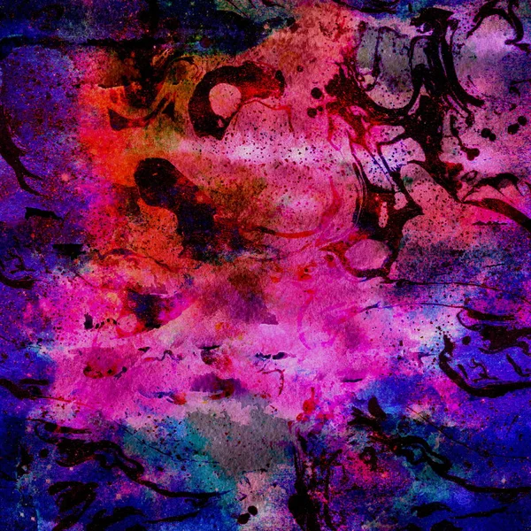 Colorful Watercolor Abstract background. Multicolor grunge psychedelic pink blue texture with spots. Multicolor style digital painting. Blurred chaotic brush and tie dye pattern. Hand painting fabrics