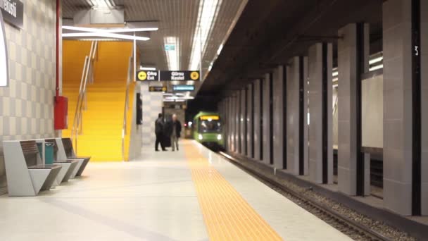 Paragens de trem subterrâneas em uma plataforma e os passageiros embarcam e desembarcam. — Vídeo de Stock