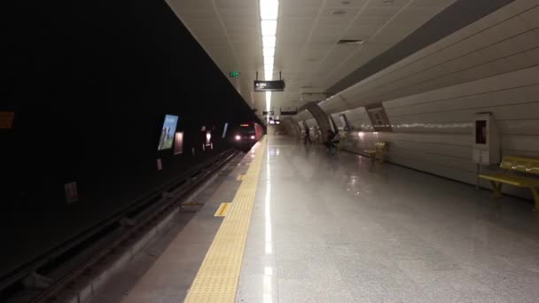 Treno sotterraneo si ferma su una piattaforma e i passeggeri si imbarcano e sbarcano. — Video Stock