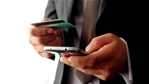 Üzletember, online fizetés, hitelkártya és smartphone — Stock videók