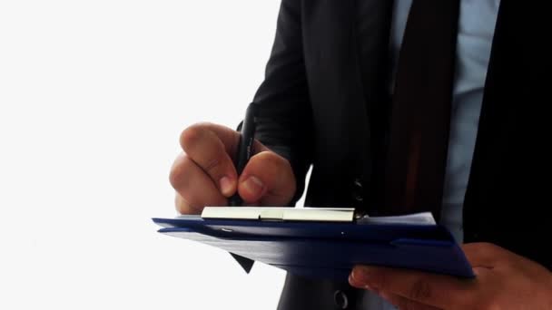 Biznesmen napisz listę kontrolną w Notatniku — Wideo stockowe