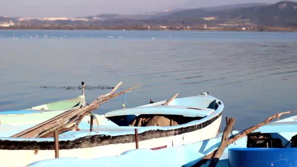 Невеликі металеві рибальські човни, які закріплені біля скелі — стокове відео