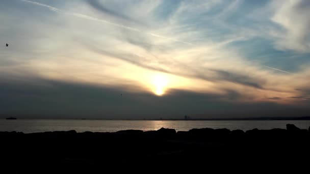 Smutek sám člověk silueta s výhledem na moře — Stock video