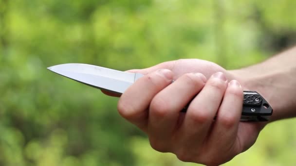 Junger Mann mit Messer im Wald — Stockvideo