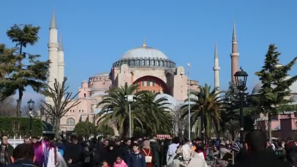 Ludzie z timelapse spacerujący po meczecie Hagia Sophia w Stambuł Turcja — Wideo stockowe