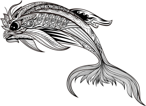 дельфин с высокими деталями. Раскраска взрослых антистрессовых средств. Черно-белая рука нарисовала каракули океанического животного для арт-терапии. Рисунок для татуировки, плакат, печать, футболка в стиле zentangle
