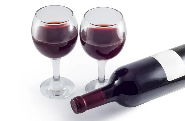 Bottle Two Glasses Red Wine White Background — Stock Photo, Image