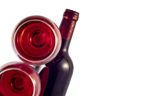 Two Glasses Red Wine Bottle Wine White Background Top View — Stock Photo, Image