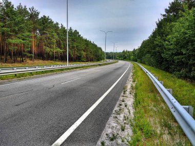 Ormandaki bir otoyol bir dönüş ile. Asfalt kaplama