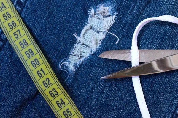 Måttband Blå Jeans Kläder — Stockfoto